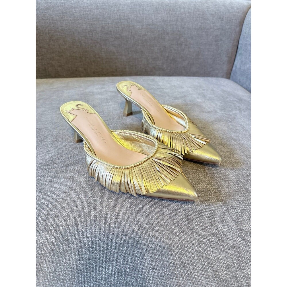 Antonio Melani X Jennifer Sumko Gold Fringe Pointed Toe Mules Heels Size 7.5